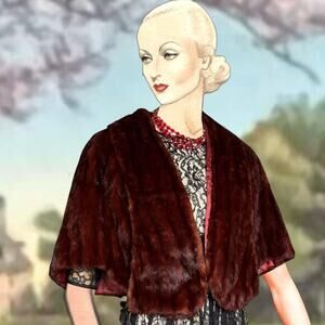 1950s Vintage Striped Red Mink Fur Cape Silk Lined w Pockets Landes Brown Stole